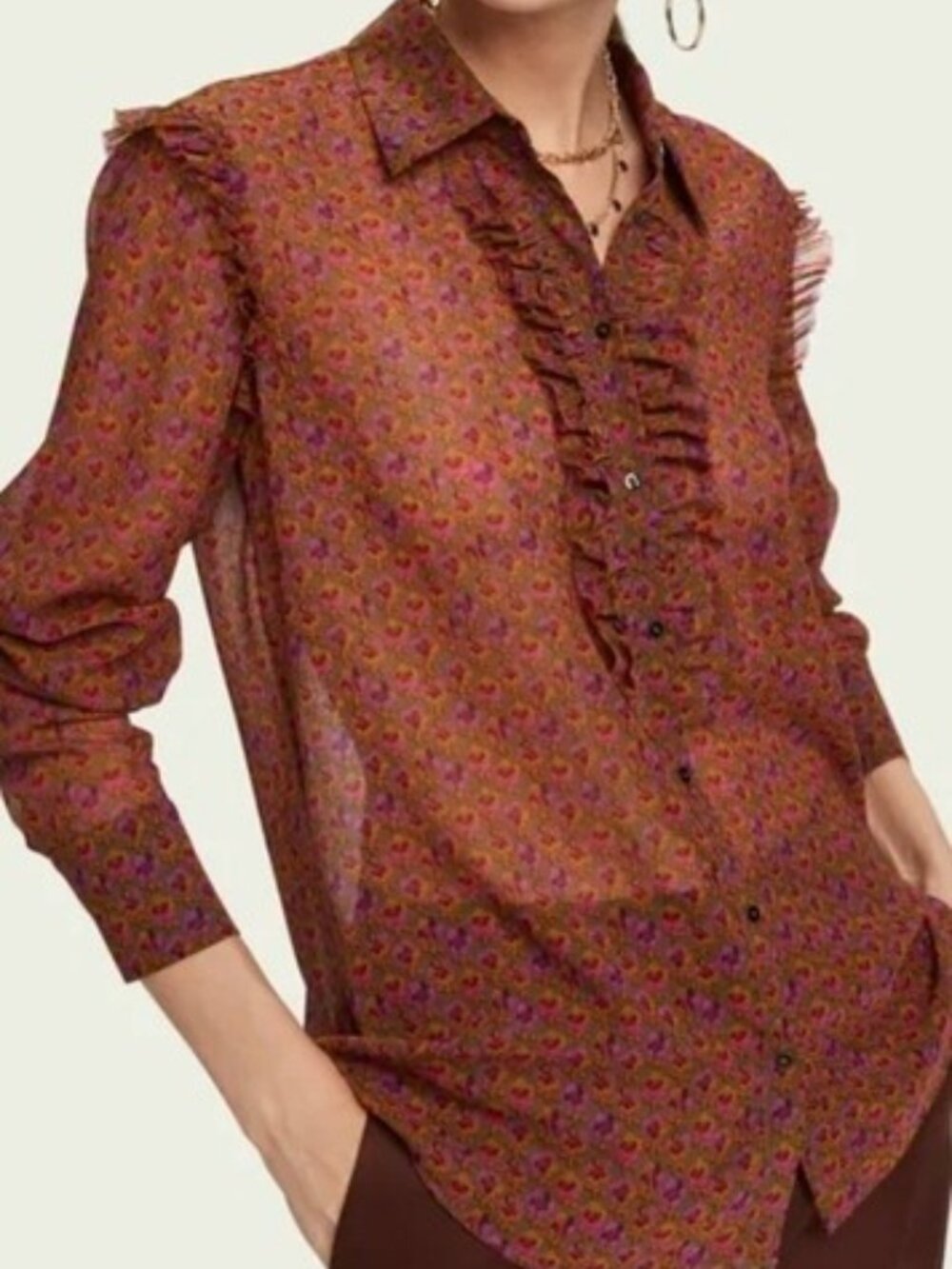 Scotch & Soda Floral Ruffle Blouse Long Sleeve Sheer Top